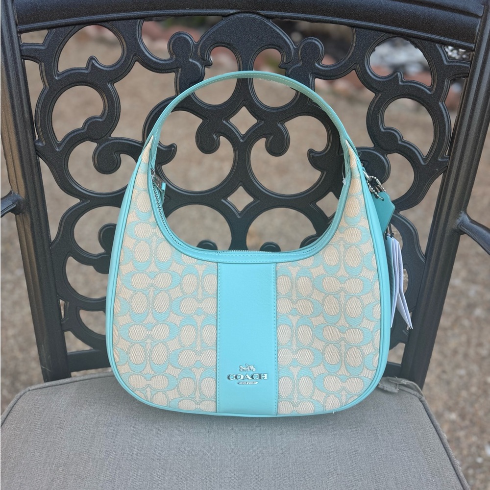 NWT Coach CT765 Signature Jacquard Carmen Shoulder Bag Handbag Faded Blue New